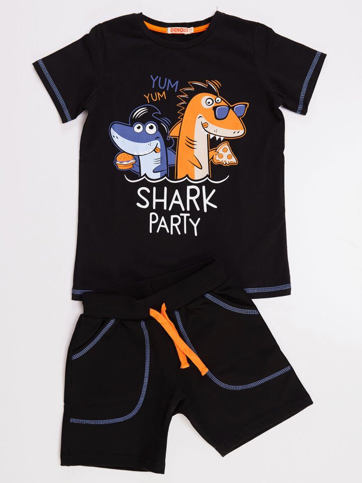 Shark Party Erkek Çocuk T-shirt Şort Takım 8 Y - Siyah