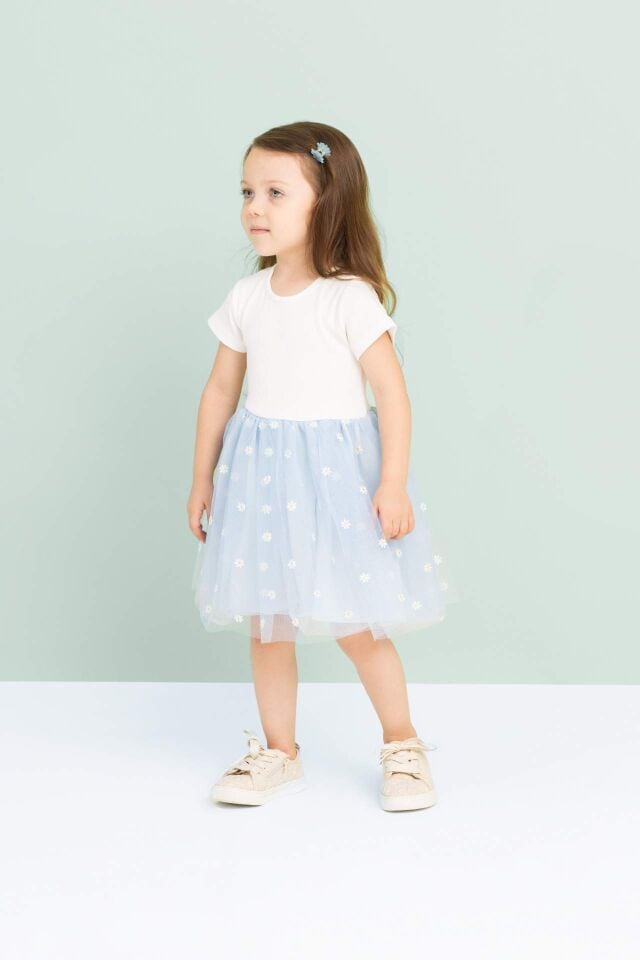 Kız Bebek Çiçekli Fitilli Kaşkorse Kısa Kollu Tütü Elbise