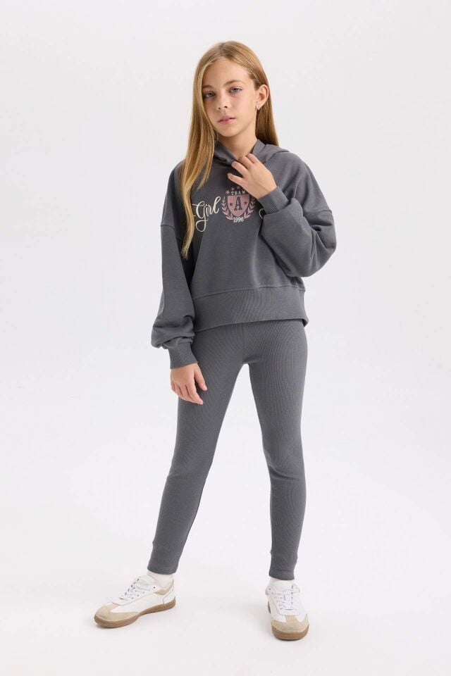 Kız Çocuk 2'li Takım Baskılı Kapüşonlu Sweashirt Beli Lastikli Fitilli Kaşkorse Tayt