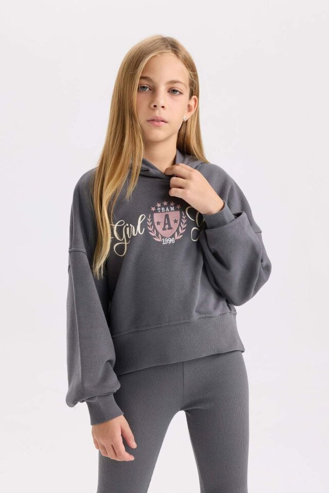 Kız Çocuk 2'li Takım Baskılı Kapüşonlu Sweashirt Beli Lastikli Fitilli Kaşkorse Tayt