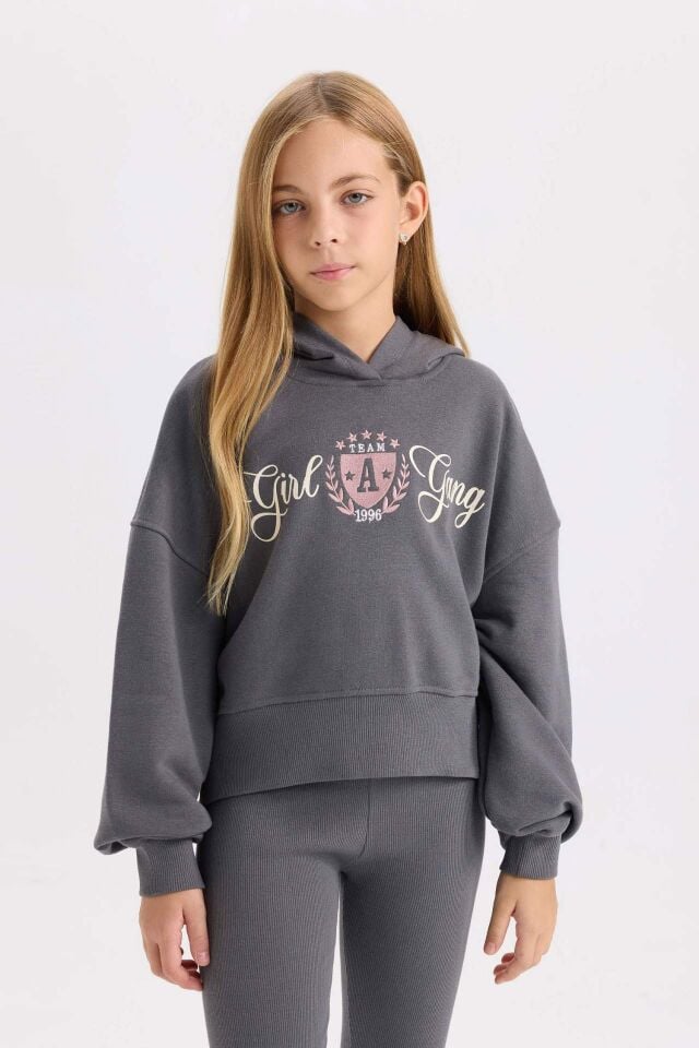 Kız Çocuk 2'li Takım Baskılı Kapüşonlu Sweashirt Beli Lastikli Fitilli Kaşkorse Tayt