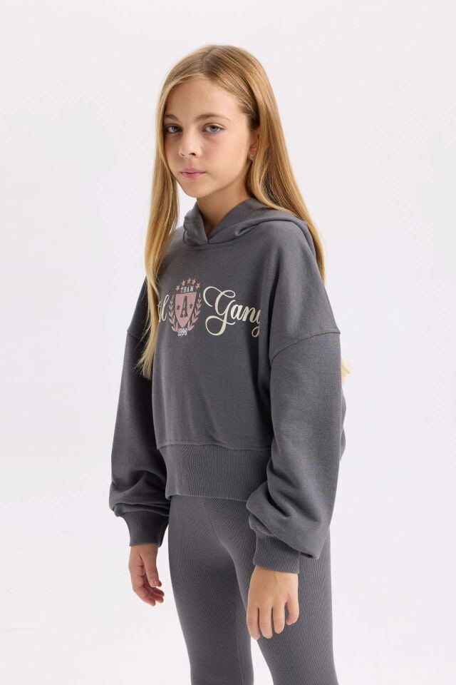 Kız Çocuk 2'li Takım Baskılı Kapüşonlu Sweashirt Beli Lastikli Fitilli Kaşkorse Tayt
