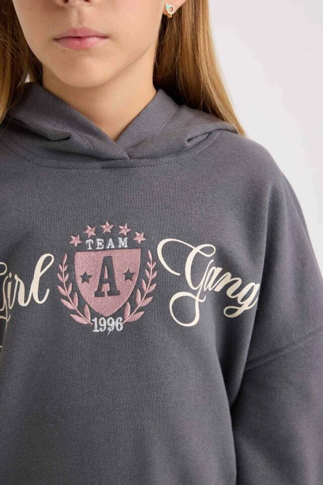 Kız Çocuk 2'li Takım Baskılı Kapüşonlu Sweashirt Beli Lastikli Fitilli Kaşkorse Tayt