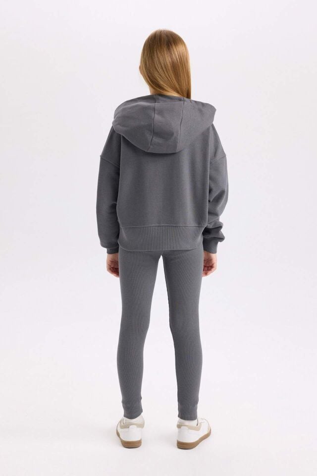 Kız Çocuk 2'li Takım Baskılı Kapüşonlu Sweashirt Beli Lastikli Fitilli Kaşkorse Tayt