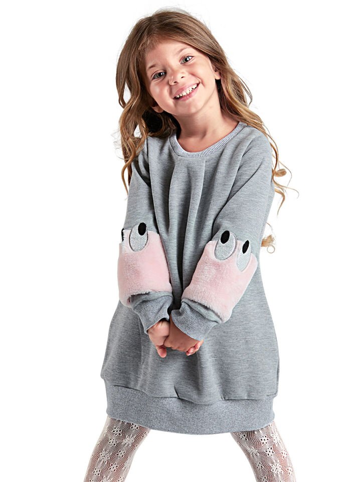 Peluş Kollu Kız Çocuk Elbise 8 Y - Gri Pembe