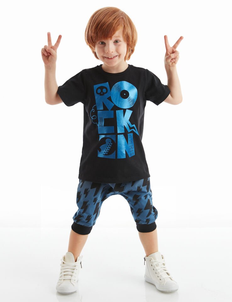Rock On Erkek Çocuk T-shirt Kapri Şort Takım 8 Y - Lacivert Siyah