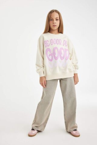 Kız Çocuk Oversize Geniş Kalıp Bisiklet Yaka Baskılı Sweatshirt