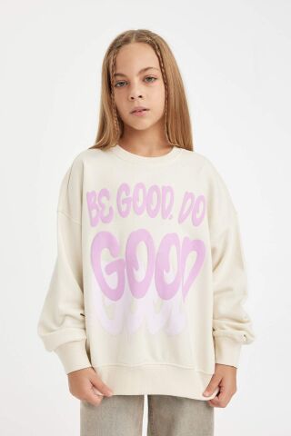 Kız Çocuk Oversize Geniş Kalıp Bisiklet Yaka Baskılı Sweatshirt
