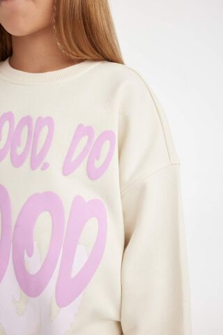 Kız Çocuk Oversize Geniş Kalıp Bisiklet Yaka Baskılı Sweatshirt