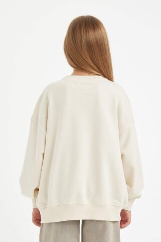 Kız Çocuk Oversize Geniş Kalıp Bisiklet Yaka Baskılı Sweatshirt