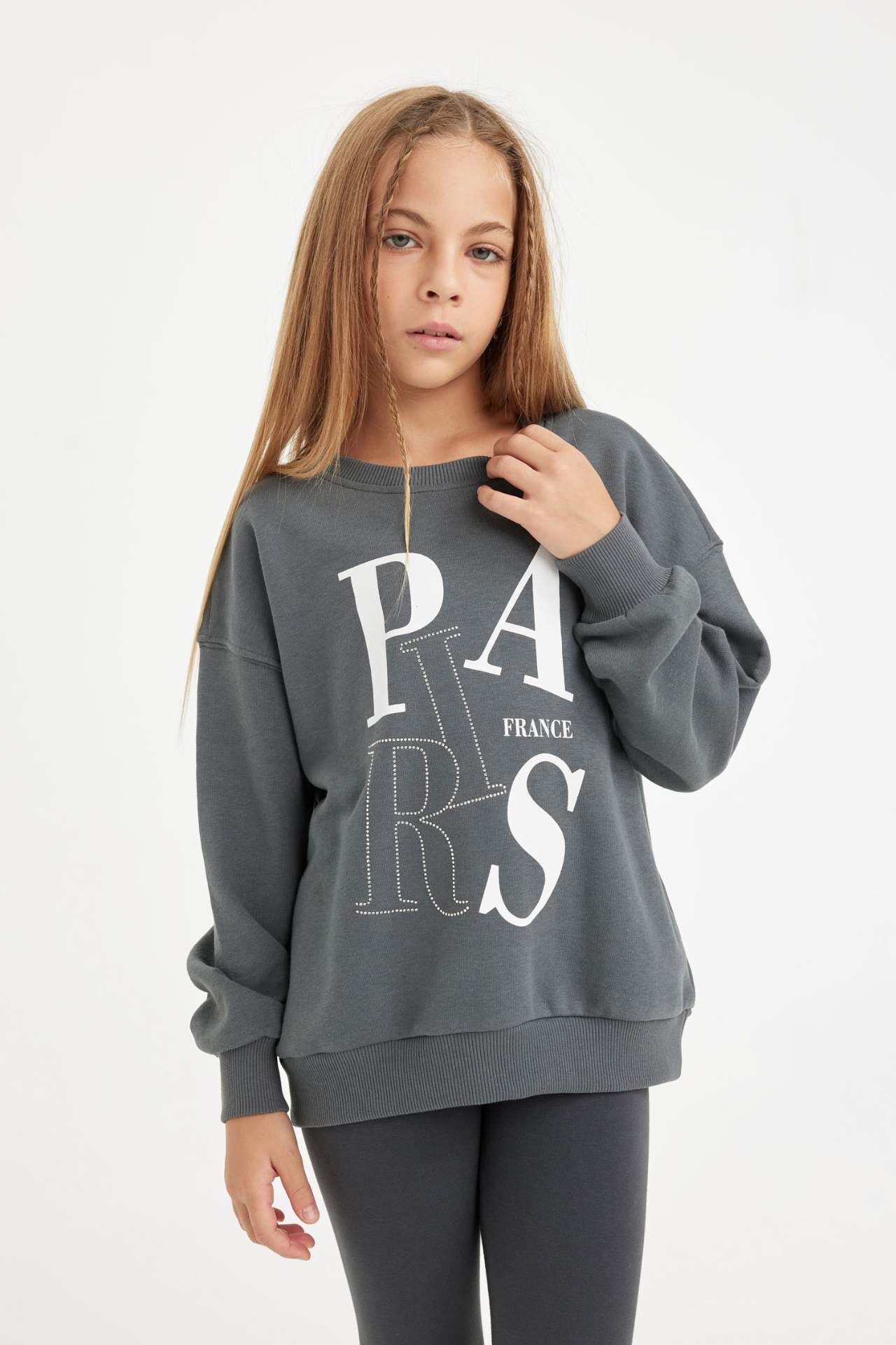 Kız Çocuk Antrasit Oversize Geniş Kalıp Bisiklet Yaka Baskılı Sweatshirt