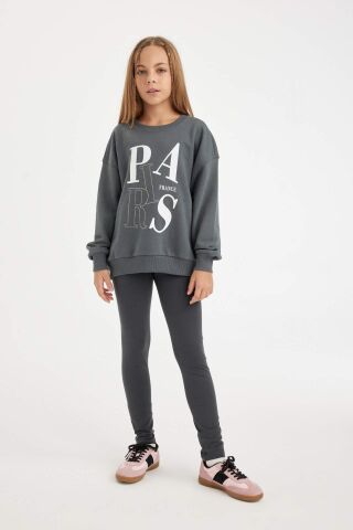 Kız Çocuk Antrasit Oversize Geniş Kalıp Bisiklet Yaka Baskılı Sweatshirt
