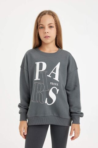 Kız Çocuk Antrasit Oversize Geniş Kalıp Bisiklet Yaka Baskılı Sweatshirt
