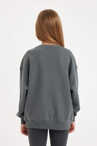 Kız Çocuk Antrasit Oversize Geniş Kalıp Bisiklet Yaka Baskılı Sweatshirt
