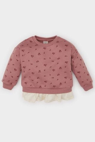 Kız Bebek Bisiklet Yaka Çiçekli İçi Yumuşak Tüylü Sweatshirt