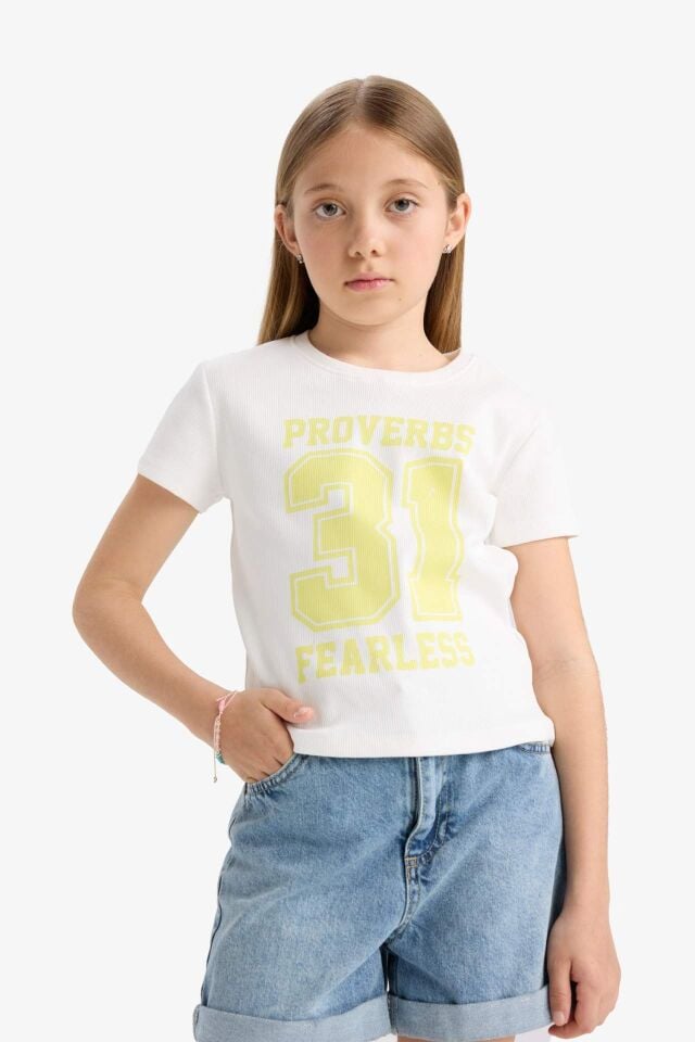 Kız Çocuk Slim Fit Dar Kesim Bisiklet Yaka Baskılı Kısa Kollu Tişört