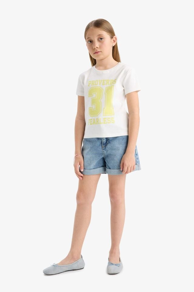 Kız Çocuk Slim Fit Dar Kesim Bisiklet Yaka Baskılı Kısa Kollu Tişört