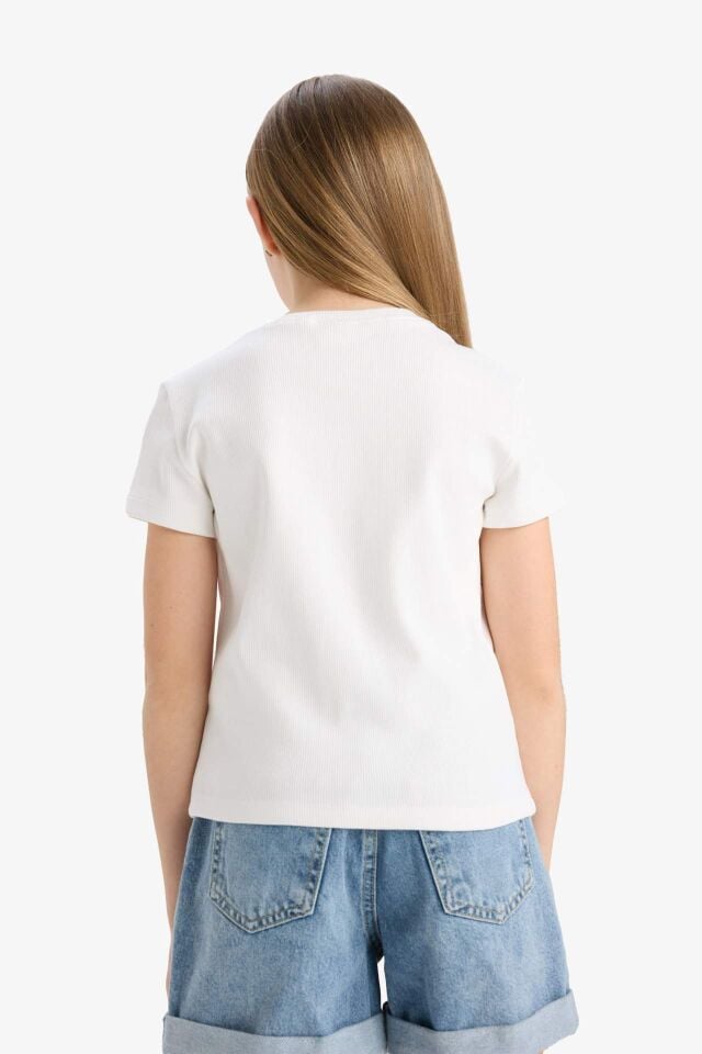 Kız Çocuk Slim Fit Dar Kesim Bisiklet Yaka Baskılı Kısa Kollu Tişört