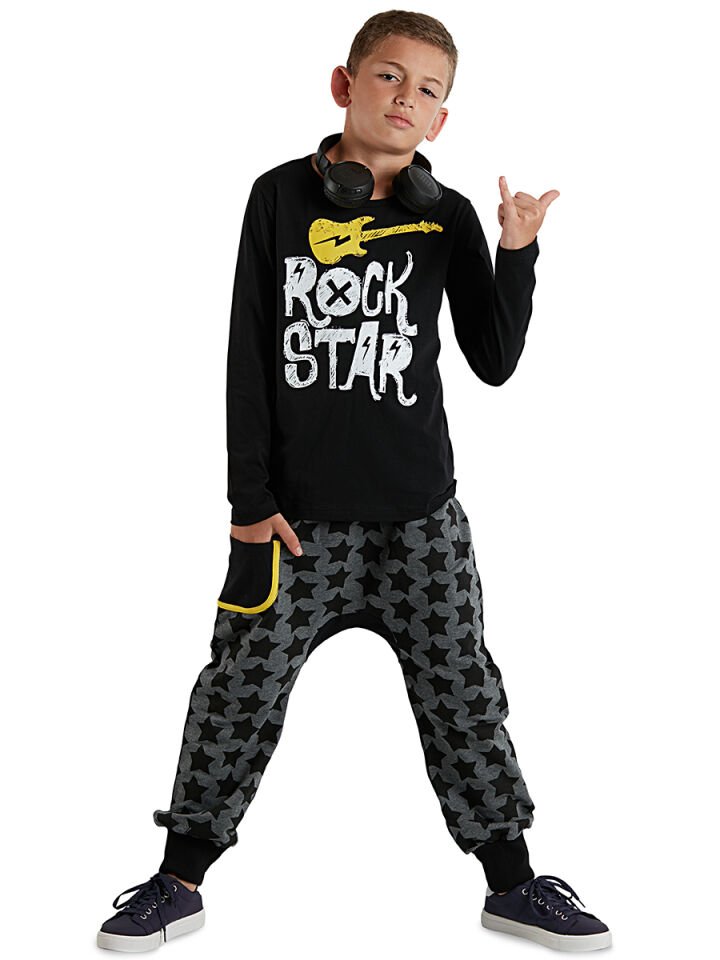Star Rock Erkek Çocuk Pantolon T-shirt Takım 10 Y - Siyah Gri