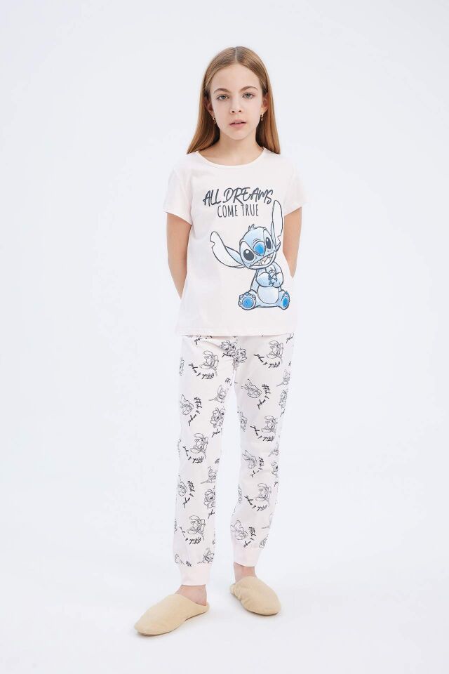 Kız Çocuk Disney Lilo & Stitch Pijama Takımı Bisiklet Yaka Kısa Kollu Üst Uzun Alt