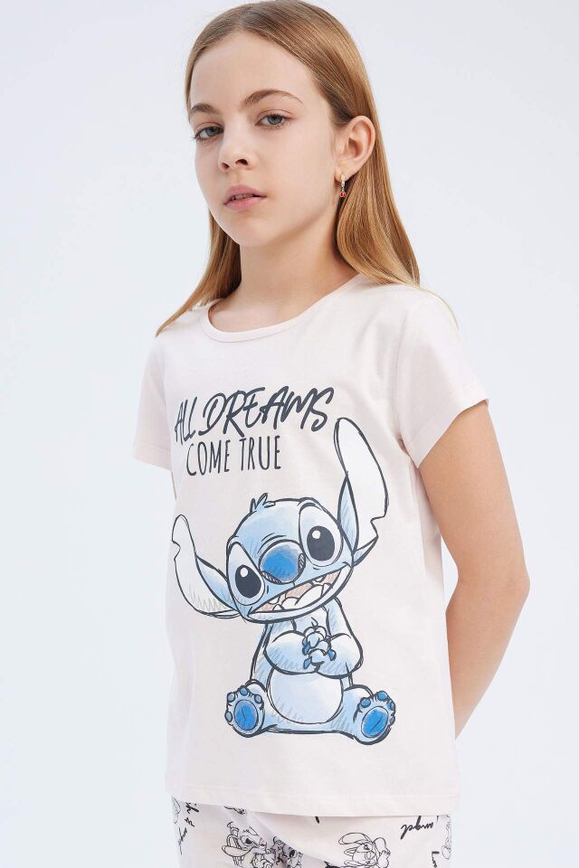 Kız Çocuk Disney Lilo & Stitch Pijama Takımı Bisiklet Yaka Kısa Kollu Üst Uzun Alt