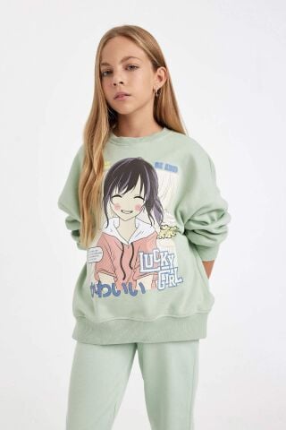Kız Çocuk Oversize Geniş Kalıp Bisiklet Yaka Baskılı Sweatshirt