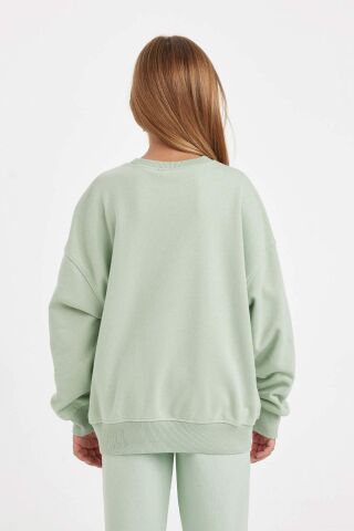 Kız Çocuk Oversize Geniş Kalıp Bisiklet Yaka Baskılı Sweatshirt