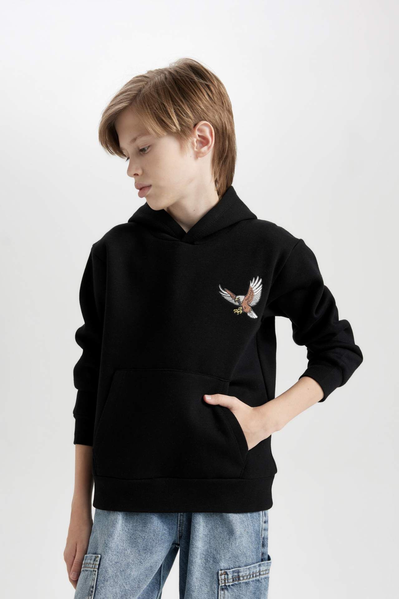 Erkek Çocuk Baskılı Kapüşonlu Kalın Siyah Sweatshirt