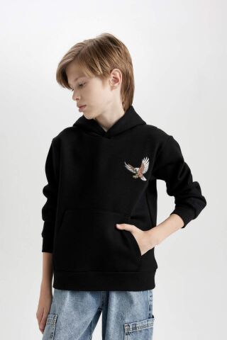 Erkek Çocuk Baskılı Kapüşonlu Kalın Siyah Sweatshirt