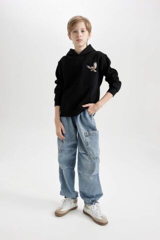 Erkek Çocuk Baskılı Kapüşonlu Kalın Siyah Sweatshirt