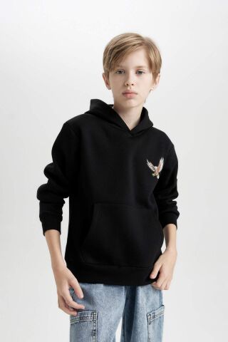 Erkek Çocuk Baskılı Kapüşonlu Kalın Siyah Sweatshirt