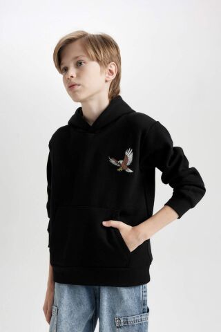 Erkek Çocuk Baskılı Kapüşonlu Kalın Siyah Sweatshirt