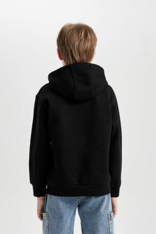 Erkek Çocuk Baskılı Kapüşonlu Kalın Siyah Sweatshirt