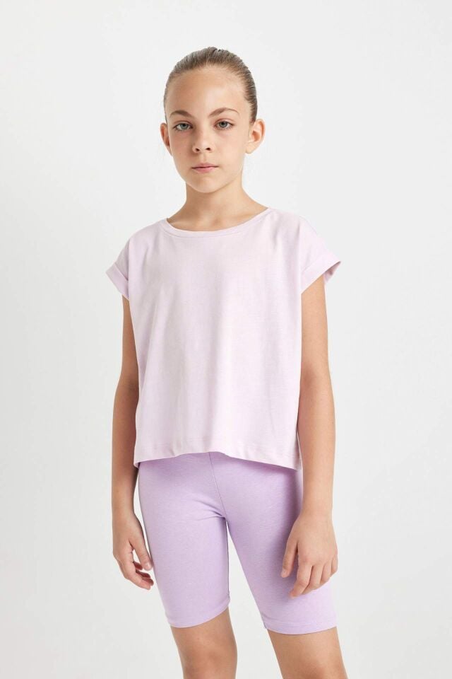 Kız Çocuk Boxy Fit Bisiklet Yaka Basic Düz Kısa Kollu Tişört