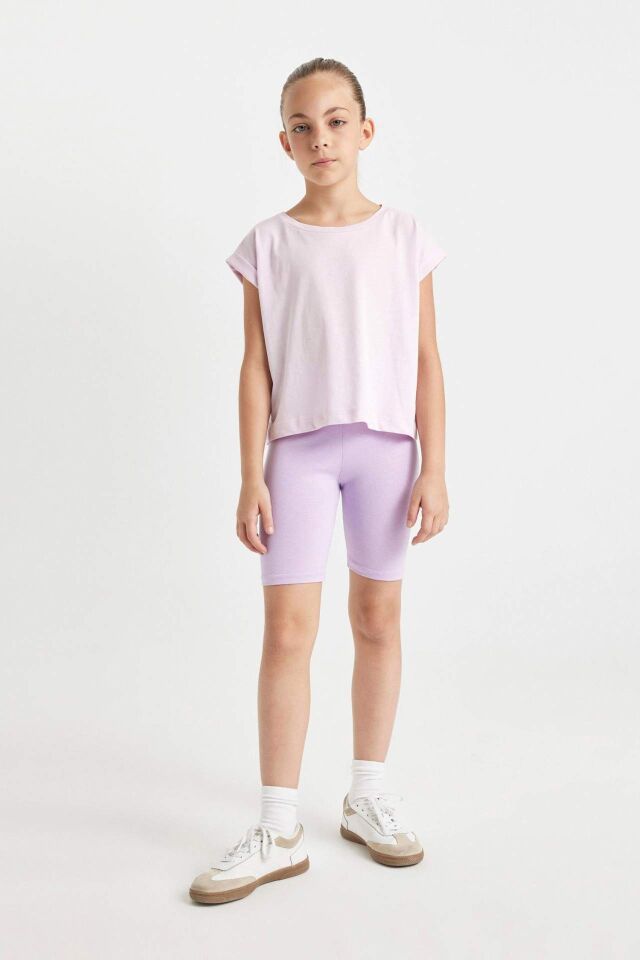 Kız Çocuk Boxy Fit Bisiklet Yaka Basic Düz Kısa Kollu Tişört