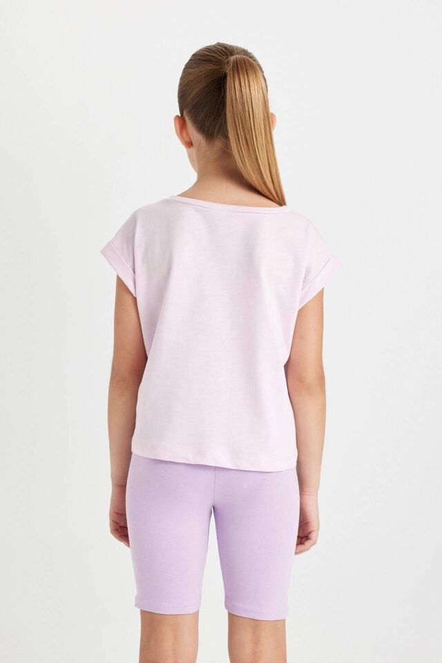 Kız Çocuk Boxy Fit Bisiklet Yaka Basic Düz Kısa Kollu Tişört