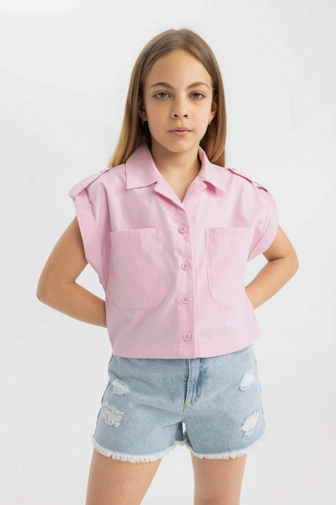 Kız Çocuk Cropped Fit Pamuklu Kısa Kollu Gömlek