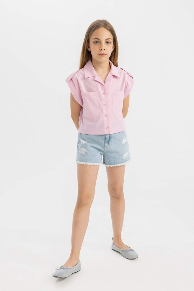 Kız Çocuk Cropped Fit Pamuklu Kısa Kollu Gömlek