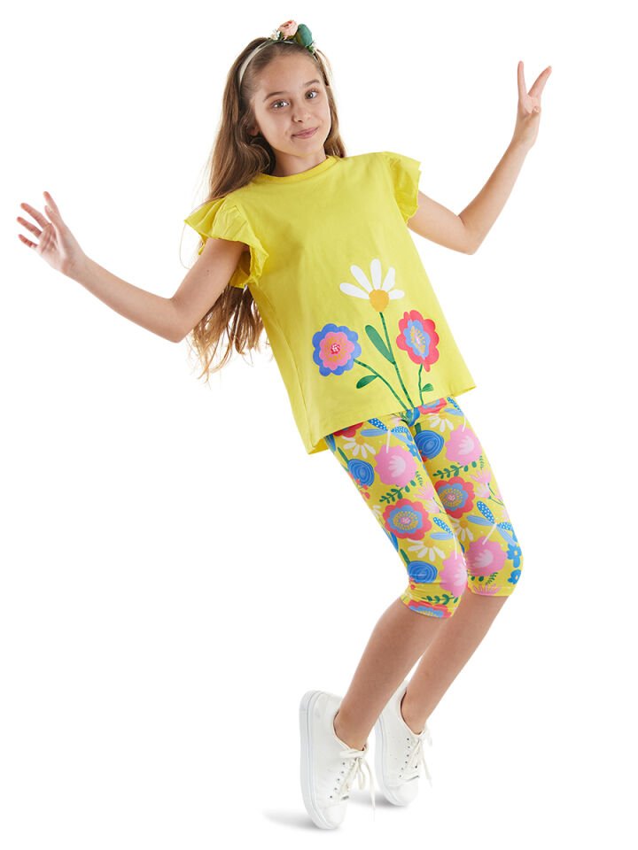Sarı Çiçekli Kız Çocuk T-shirt Tayt Takım 4 Y - Sarı
