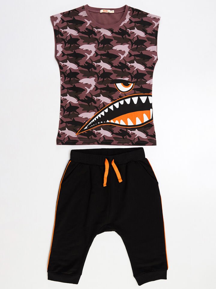 Monster Shark Erkek Çocuk T-shirt Kapri Şort Takım 3 Y - Siyah