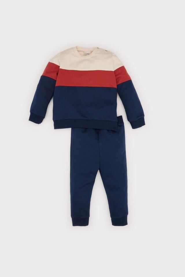 Erkek Bebek 2'li Takım Bisiklet Yaka Renk Bloklu İçi Yumuşak Tüylü Sweatshirt Beli Lastikli Eşofman Altı