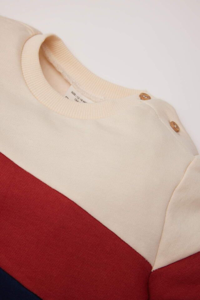 Erkek Bebek 2'li Takım Bisiklet Yaka Renk Bloklu İçi Yumuşak Tüylü Sweatshirt Beli Lastikli Eşofman Altı