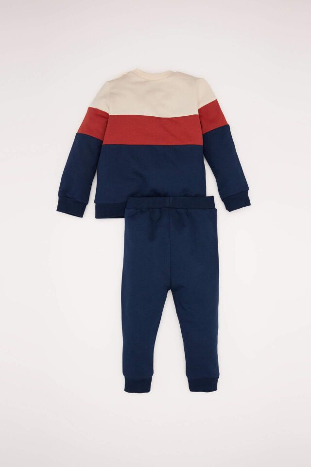 Erkek Bebek 2'li Takım Bisiklet Yaka Renk Bloklu İçi Yumuşak Tüylü Sweatshirt Beli Lastikli Eşofman Altı