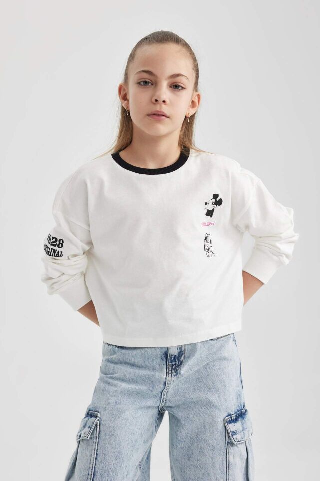 Kız Çocuk Disney Mickey & Minnie Crop Bisiklet Yaka Uzun Kollu Tişört