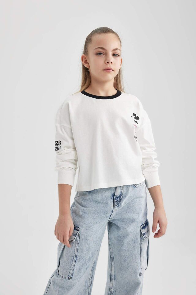 Kız Çocuk Disney Mickey & Minnie Crop Bisiklet Yaka Uzun Kollu Tişört
