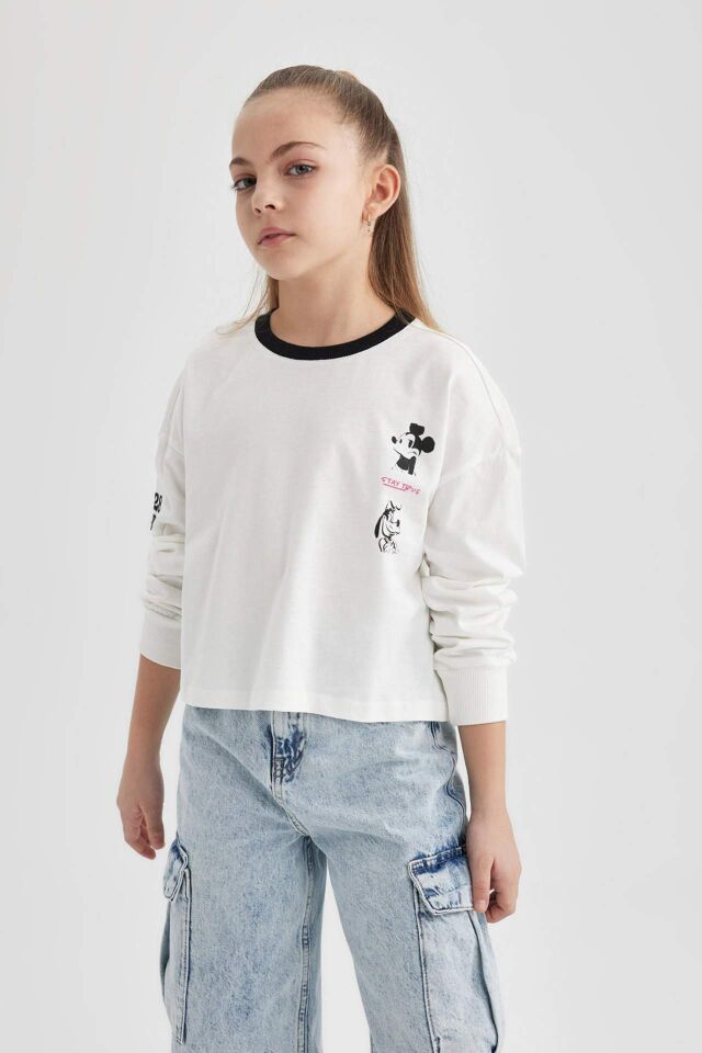 Kız Çocuk Disney Mickey & Minnie Crop Bisiklet Yaka Uzun Kollu Tişört