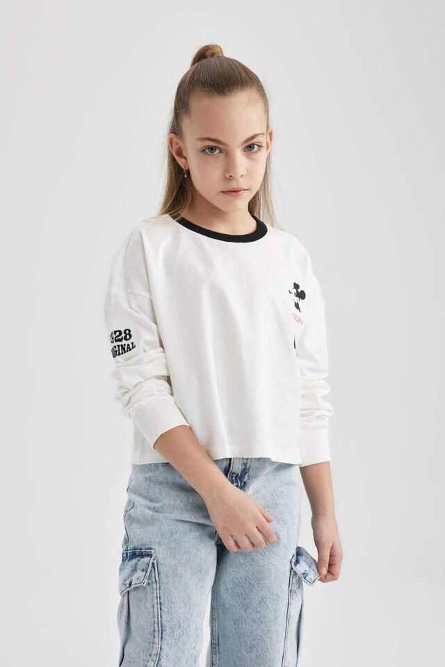 Kız Çocuk Disney Mickey & Minnie Crop Bisiklet Yaka Uzun Kollu Tişört