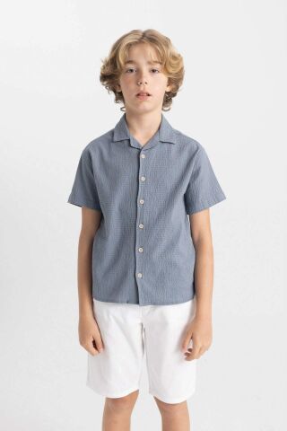 Erkek Çocuk Oversize Geniş Kalıp Polo Yaka Gofre Dokulu Kısa Kollu Gömlek