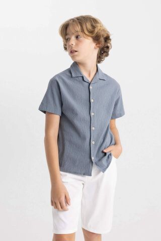 Erkek Çocuk Oversize Geniş Kalıp Polo Yaka Gofre Dokulu Kısa Kollu Gömlek