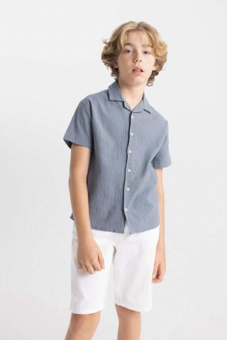 Erkek Çocuk Oversize Geniş Kalıp Polo Yaka Gofre Dokulu Kısa Kollu Gömlek